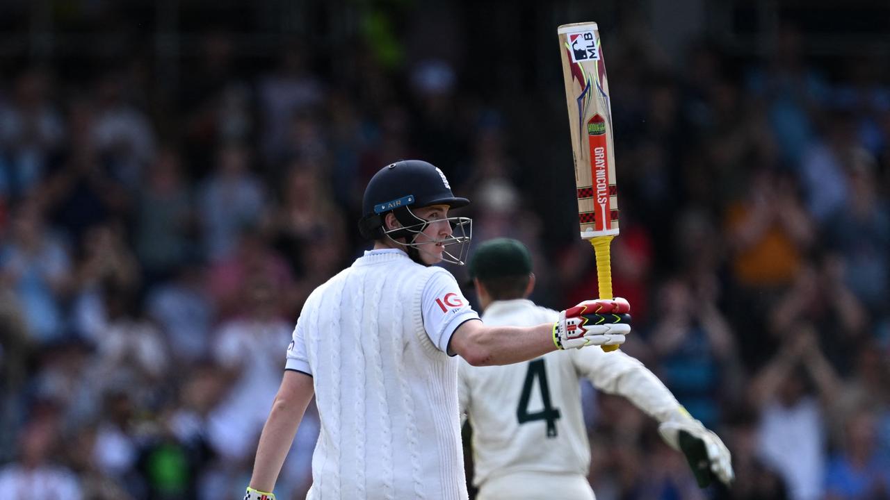 England's Harry Brook reacts to reaching his half century. Picture: AFP