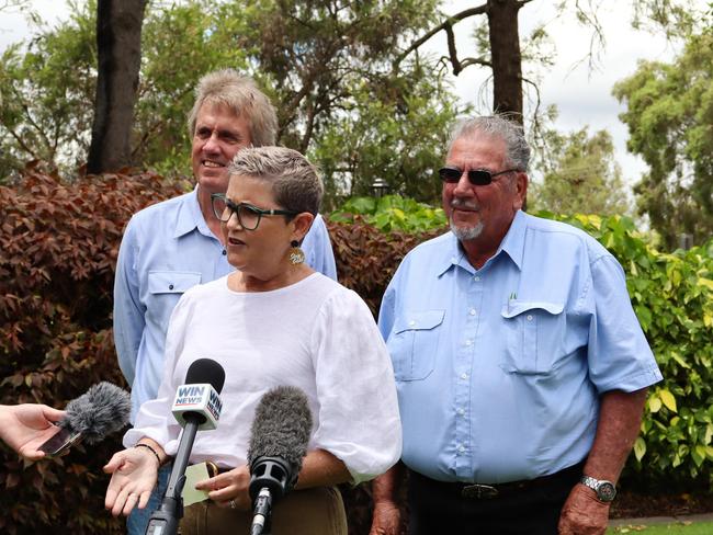 Lockyer Valley mayor Tanya Milligan addresses the media to discuss the water initiatives in the Lockyer Valley proposal, alongside water collaborative member Gordon Van de Est and Somerset Regional Council mayor Graeme Lehmann at Centenary Gardens in Gatton on January 15.