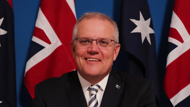 Prime Minister Scott Morrison delivers his speech at the Inaugural Grotius Prize while in 15 day quarantine lockdown on Monday, November 23, 2020. Picture: Adam Taylor