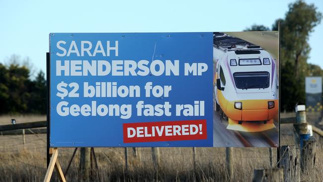 A 2019 Sarah Henderson sign on Surf Coast Hwy spruking $2bn delivered for Geelong fast rail. Picture: Alison Wynd