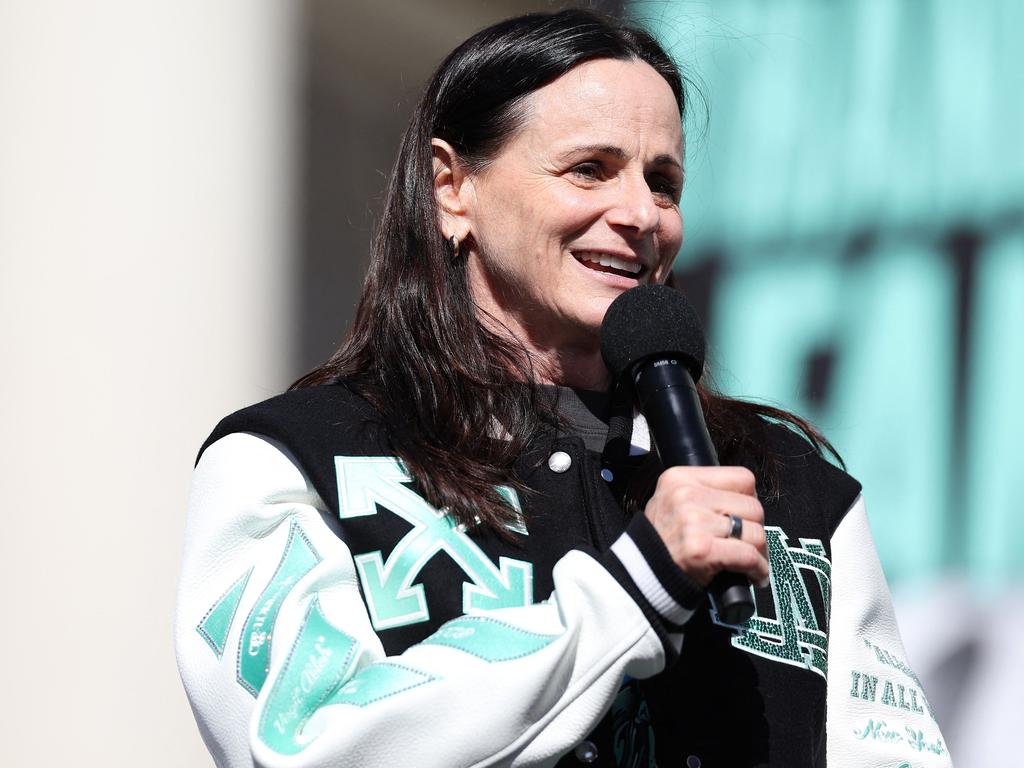 Head coach Sandy Brondello of the New York Liberty speaks during the Championship ticker tape parade and victory rally. Picture: Elsa/Getty Images/AFP.