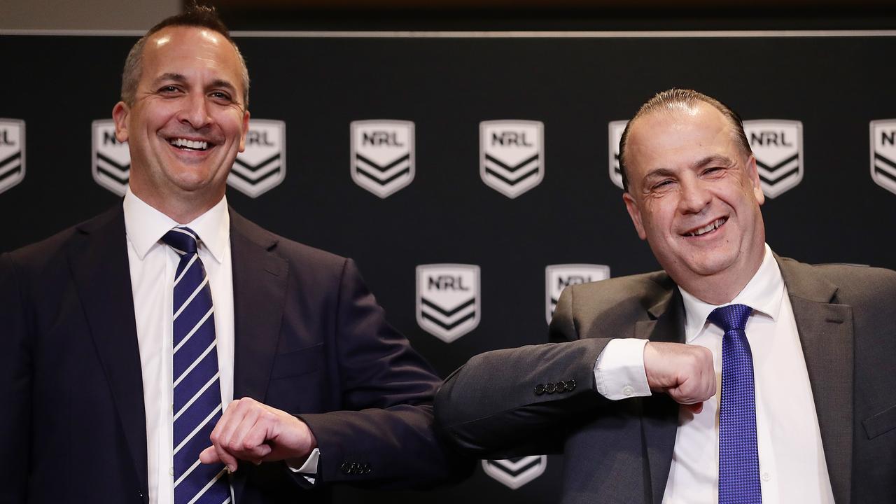 NRL CEO Andrew Abdo and ARLC chairman Peter V’landys has met clubs to lay out their vision for the game. Picture: Mark Metcalfe/Getty Images