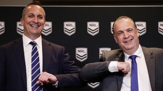 NRL CEO Andrew Abdo and ARLC chairman Peter V’landys has met clubs to lay out their vision for the game. Picture: Mark Metcalfe/Getty Images