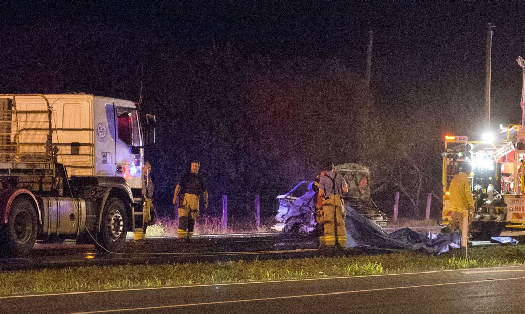 The scene of last night&#39;s triple fatal traffic crash east of Toowoomba. Picture: Nev Madsen