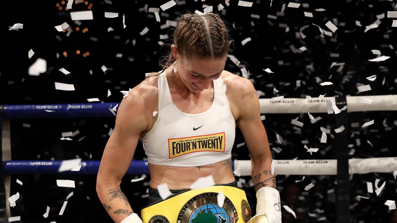 Tayla Harris celebrates victory and winning the ANBF Australasian Title fight vs Connie Chan at Melbourne Pavilion on April 29, 2023 in Melbourne, Australia. (Photo by Kelly Defina/Getty Images)
