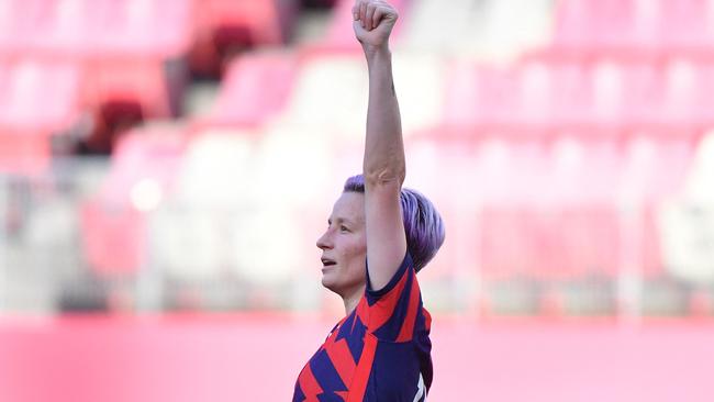 USA's forward Megan Rapinoe celebrates scoring during the Tokyo 2020 Olympic Games women's bronze medal football match between Australia and the United States at Ibaraki Kashima Stadium in Kashima city, Ibaraki prefecture on August 5, 2021. (Photo by Tiziana FABI / AFP)