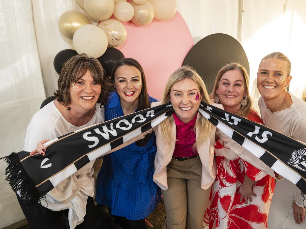 Willowburn Football Club patron Cr Rebecca Vonhoff (centre) with Sparkling Soiree Ladies Day committee members (from left) Kelli Matthews, Sam Borey, Jo Kruger and Liz Little, Saturday, August 3, 2024. Picture: Kevin Farmer