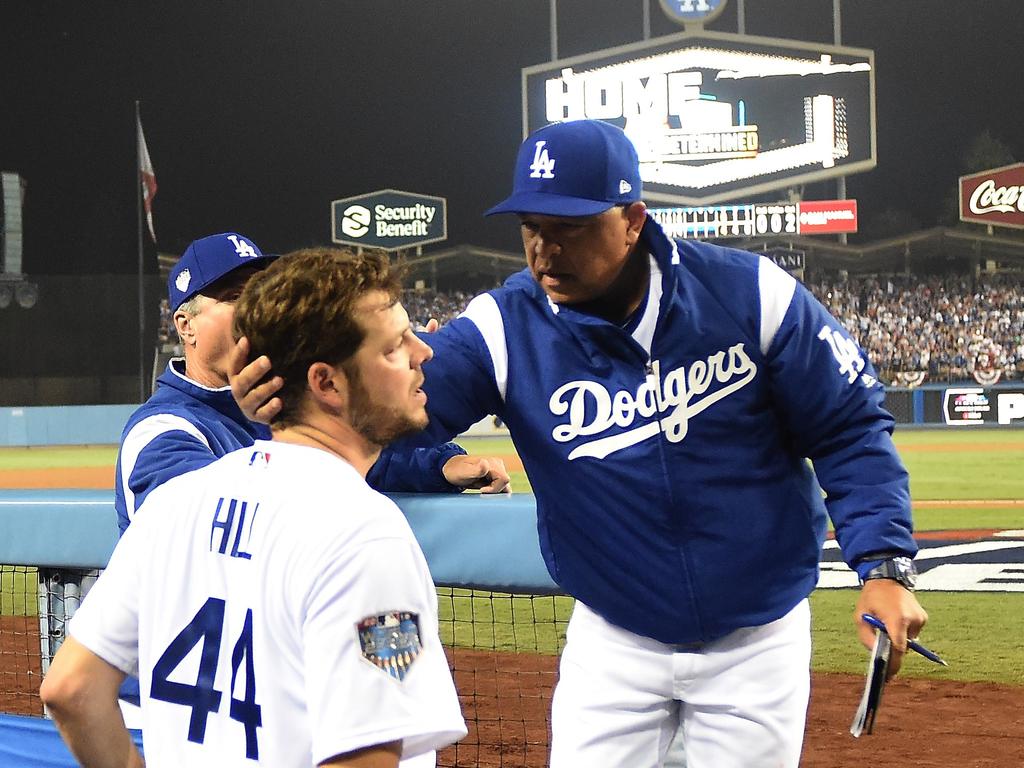 Manager Dave Roberts with Rich Hill after taking him out.