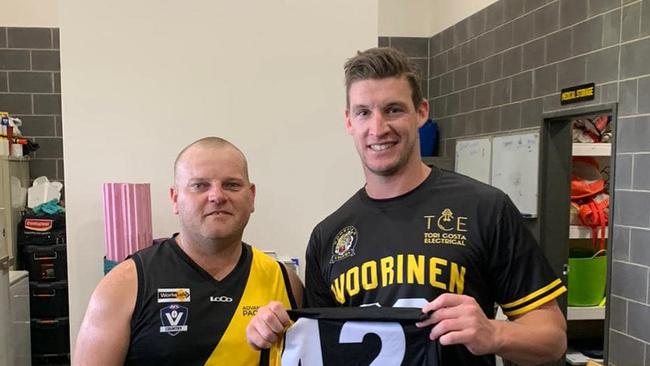 Josh Jenkins played for Woorinen on Good Friday and was presented with his jumper by friend, Kyle Steicke. Photo: Facebook.