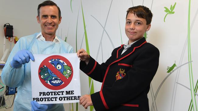 Dr David Armstrong with Brighton Grammar year 8 student Thomas Stretch, Thomas has designed a plan to reduce infection risk for cystic fibrosis patients.