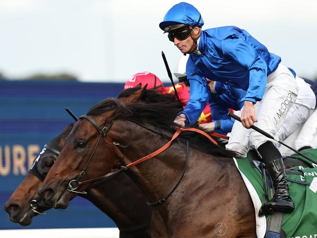 SYDNEY, AUSTRALIA - SEPTEMBER 28: James McDonald riding Broadsiding wins Race 8 James Squire Golden Rose during 