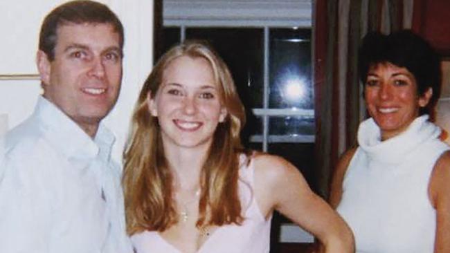 A photo taken at an undisclosed location shows (from left) Prince Andrew, Virginia Giuffre and Ghislaine Maxwell. Picture: AFP