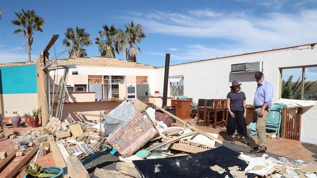 Prime minister Scott Morrison inspects the devastation and meets residents of cyclone ravaged Kalbarri, Western Australian. Picture: Adam Taylor