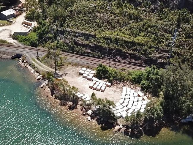 Sandstone blocks stacked up near the quarry waiting for the barge. Picture: Mitchell Hubbard.