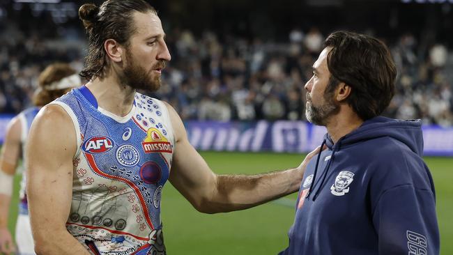 Western Bulldogs champion Marcus Bontempelli and Chris Scott after their thrilling Round 11 match. Picture: Michael Klein