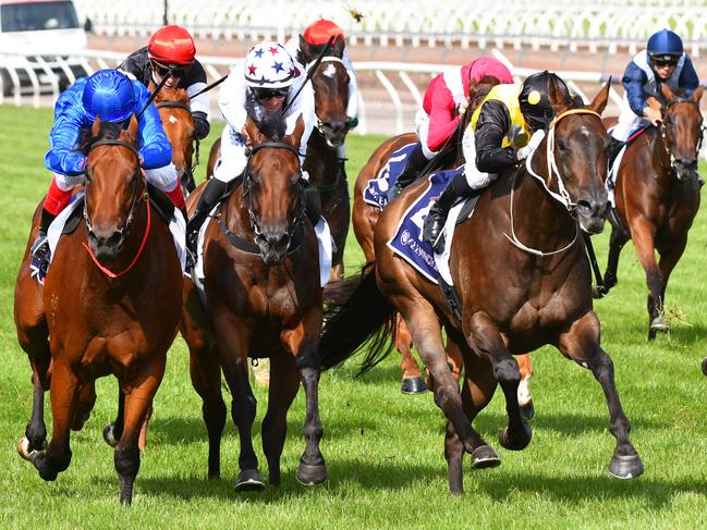 Sunlight (middle, white) defeats In Her Time (right) and Osborne Bulls (blue) in the Black Caviar Lightning Stakes at Flemington. Picture: Vince Caligiuri/Getty Images