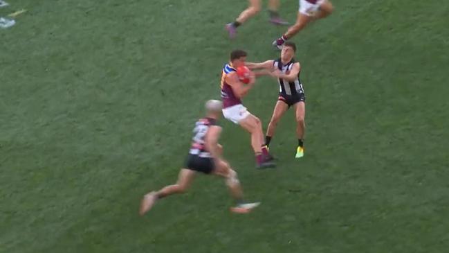 The missed tackle on Lion Jarrod Berry. Picture: Channel 7