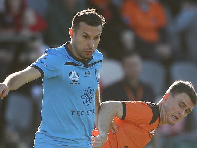BRISBANE, AUSTRALIA - JUNE 05: Kosta Barbarouses of Sydney FC kicks during the A-League match between Brisbane Roar and Sydney FC at Moreton Daily Stadium, on June 05, 2021, in Brisbane, Australia. (Photo by Chris Hyde/Getty Images)
