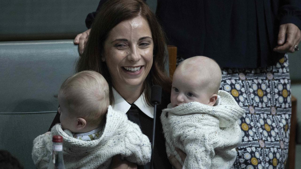 Anika Wells with her twins Ossian and Dashiell before Question Time in Parliament House in Canberra. Picture: Gary Ramage/NCA NewsWire