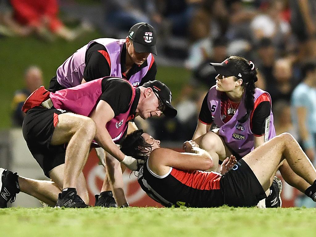 St Kilda’s medical team attended to Clark on the field at Cazaly’s Stadium in Cairns. (Photo by Albert Perez/AFL Photos/via Getty Images)