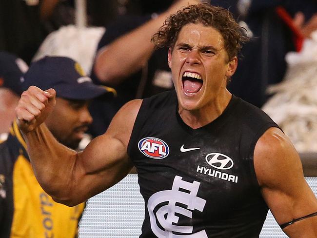 AFL Round1. Carlton vs Richmond at the MCG.   Charlie Curnow of the Blues celebrates a 3rd qtr goal   . Pic: Michael Klein