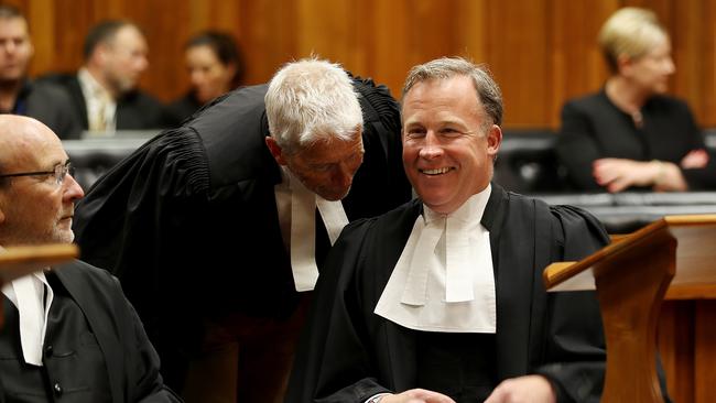 Lawyer Guy Abel, left, has a chat with Attorney-General and Premier Will Hodgman before the swearing-in ceremony for Tasmania’s newest Supreme Court judge. Picture: SAM ROSEWARNE