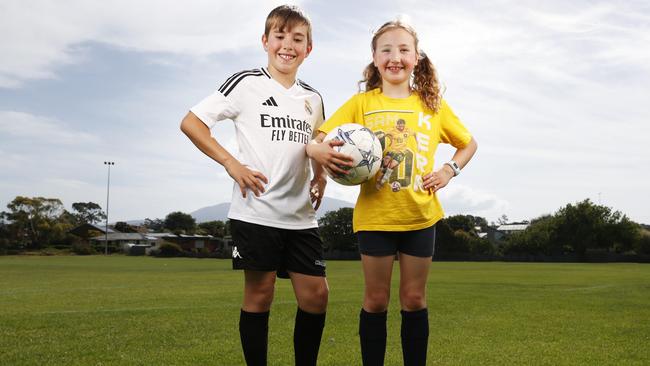 Young soccer players Benji 10 and Phoebe 7. Plans for a new home base for soccer at Wentworth Park Clarence by Football Tasmania. Picture: Nikki Davis-Jones