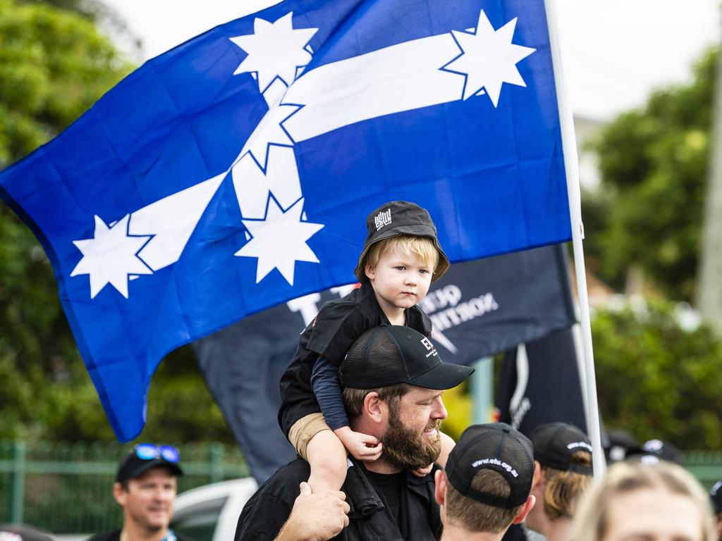 Mitchell Vincett gives son Jack Vincett a lift during the Labour Day 2022 Toowoomba march, Saturday, April 30, 2022. Picture: Kevin Farmer