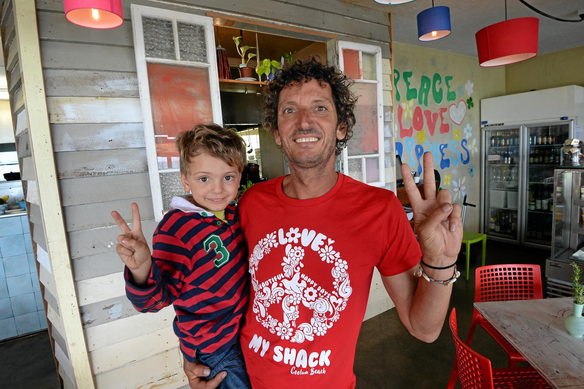 Inspired by the Dailys stories on the need for beach shacks, popular Coolum restaurant MyPlace has transformed its inside into a beach shack. Owner David Hadid with his son Shadi, 4. Picture: Patrick Woods