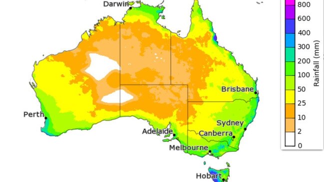 The BOM’s three-month outlook from April to June, issued in March. Picture: Bureau of Meteorology