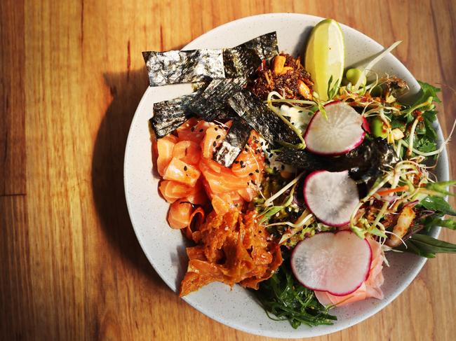 The Salmon Poke Bowl has hidden surprises at every bite. Picture: Sue Graham