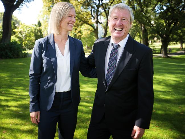 A lighthearted moment as Bryan Green announces his resignation from politics to allow Rebecca White to take over as Opposition Leader in Tasmania. Picture: RICHARD JUPE