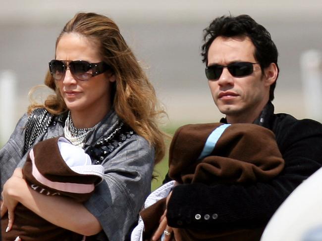 Jennifer Lopez (L) and her husband #3 Puerto Rican singer Marc Anthony with their children Max and Emme in 2008. Picture: AFP