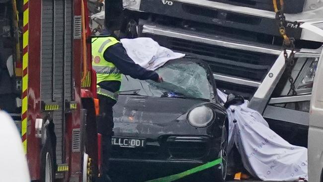 Pusey’s Porsche crushed by a truck on the Eastern Freeway. Picture: Scott Barbour