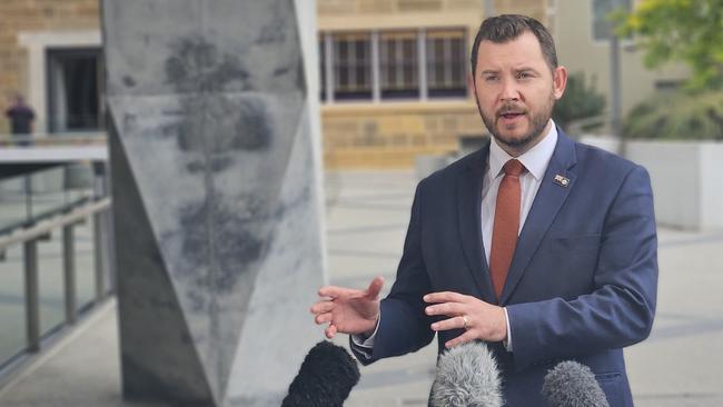 : Liberal minister Felix Ellis speaks to the media at Parliament Square in Hobart on Wednesday, November 20, 2024.