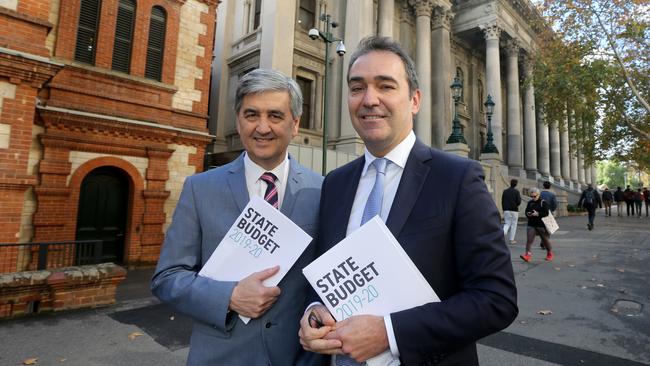 SA Treasurer Rob Lucas and Premier Steven Marshall delivering the State Budget in June. Picture: Kelly Barnes/AAP