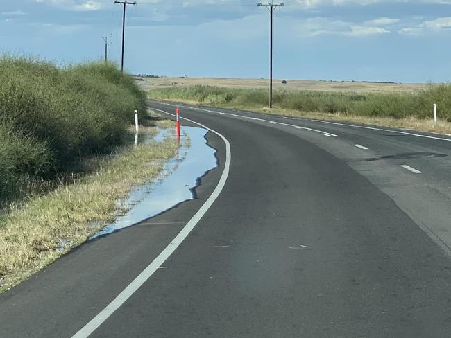 Lake Albert starting to cross the Princes Highway at the southern end of the Waltowa Causeway on January 8.  Picture: Facebook/Vern Leng