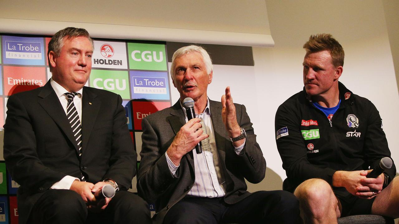 Buckley (right) replaced Malthouse (centre) as Collingwood coach after the 2011 season. (Photo by Michael Dodge/Getty Images)