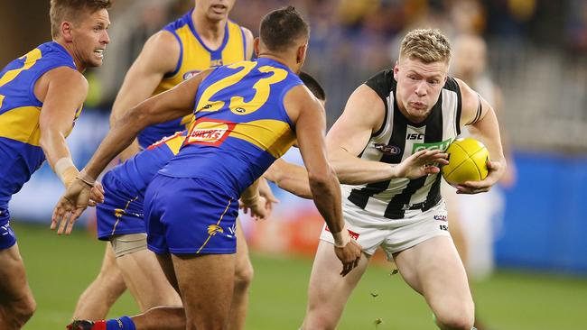 Collingwood forward 's Jordan De Goey has reformed after he was suspended for drink driving earlier this year. Picture: Michael Klein