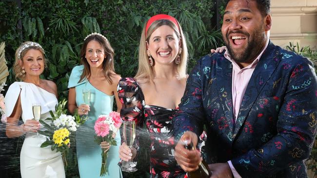 Liz Cantor, Amanda Abate, Christie Sutherland, and Sam Thaiday celebrate the Melbourne Cup. Picture: Liam Kidston