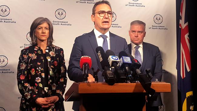 SA Health Chief Public Health Officer Associate Professor Nicola Spurrier, Premier Steven Marshall and Health Minister Stephen Wade announcing coronavirus measures this week. Picture: Andrew Hough