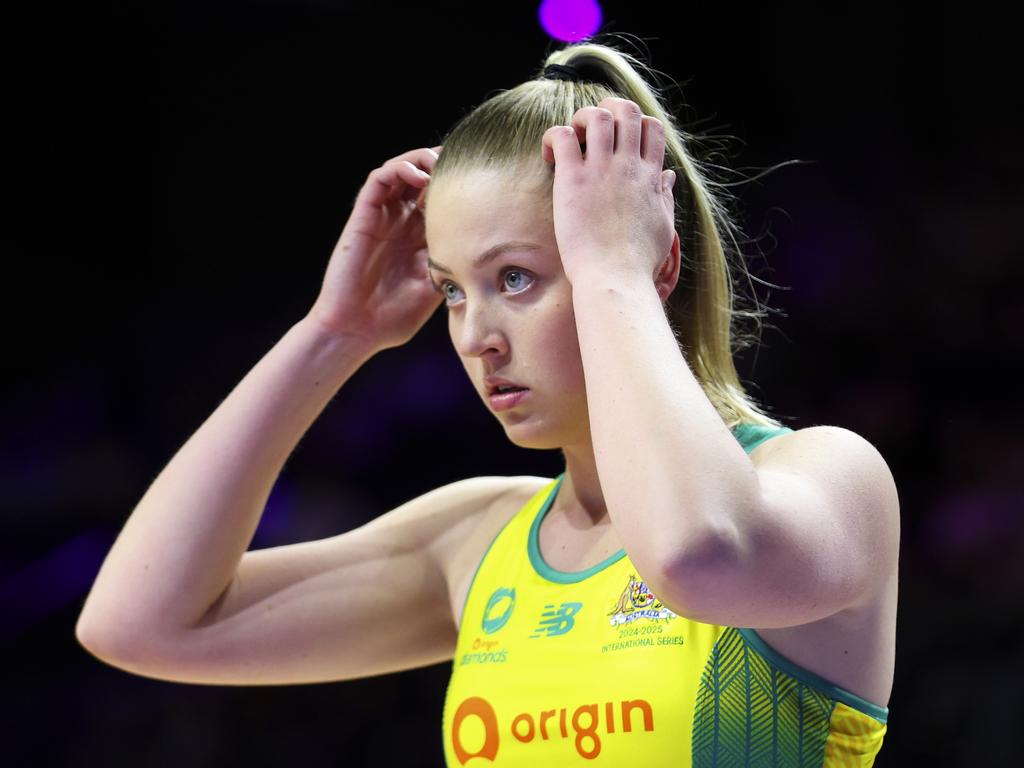 Sophie Dwyer takes her opportunity when injectedinto the match against the Silver Ferns in Wellington. Picture: Getty Images