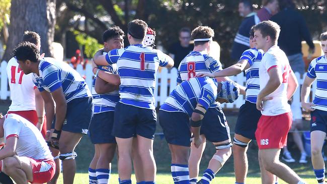 Nudgee players celebrate the win. GPS First XV match between home side Nudgee and Ipswich Grammar School. Saturday September 11, 2021. Picture, John Gass