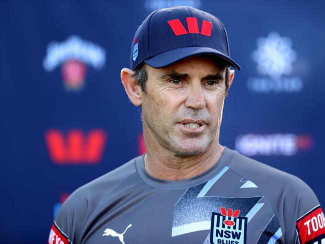 SYDNEY, AUSTRALIA - JULY 11: Blues coach, Brad Fittler speaks to the media during the New South Wales Blues State of Origin captain's run at NSWRL Centre of Excellence on July 11, 2023 in Sydney, Australia. (Photo by Brendon Thorne/Getty Images)