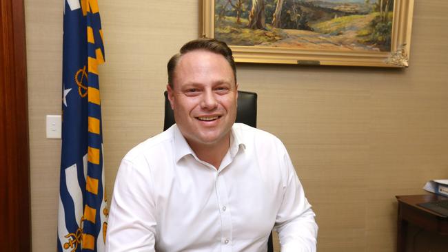 Adrian Schrinner, Lord Mayor of Brisbane, in his office on the night council election, City Hall, King George Square. Photo Steve Pohlner