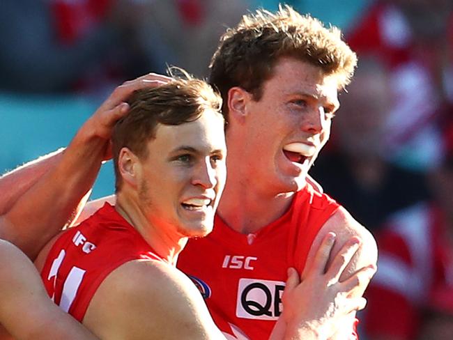 SYDNEY, AUSTRALIA - JULY 28: Jordan Dawson of the Swans celebrates kicking a goal during the round 19 AFL match between the Sydney Swans and the Geelong Cats at Sydney Cricket Ground on July 28, 2019 in Sydney, Australia. (Photo by Cameron Spencer/Getty Images)