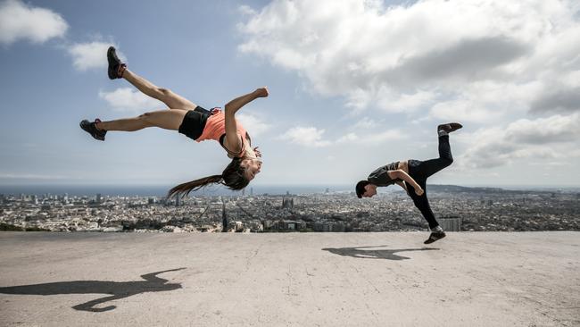 backflip, generic, woman and businessman