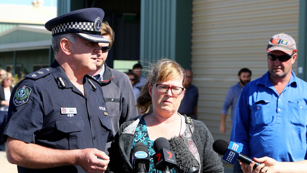 Sarah Vandepeer talking to the media on day three of the search with superintendent Grant Moyle, Stephen and Angus Vandepeer. Picture: Simon Cross