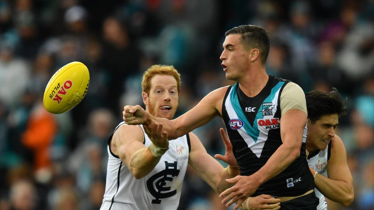 Tom Rockliff stood out with 37 disposals in Port Adelaide’s win against Carlton. Picture: David Mariuz/AAP