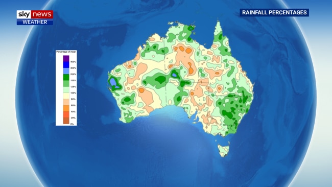 Rainfall percentages are seen across Australia.